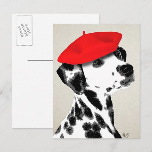 Dalmatian met rode Beret Briefkaart (Voorkant / Achterkant)