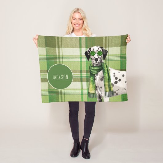 Dalmatian on Green Plaid with Dog's Name Fleece Deken (In situ)