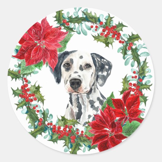 Dalmatian Poinsettia Holly Berry Kerstmis Wreath Ronde Sticker (Voorkant)