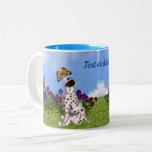 Dalmatian Puppy Butterflies Dog Art gepersonalisee Tweekleurige Koffiemok (Voorkant links)