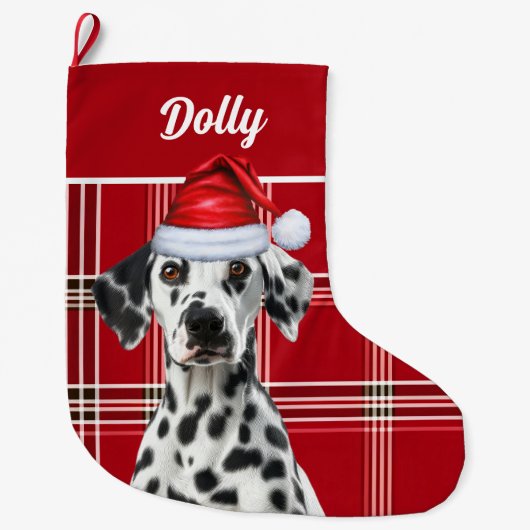Dalmatian Santa Red Holiday Plaid and Dogs Name Grote Kerstsok (Voorkant)