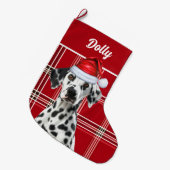 Dalmatian Santa Red Holiday Plaid and Dogs Name Grote Kerstsok (Voorkant (Hangend))