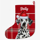 Dalmatian Santa Red Holiday Plaid and Dogs Name Grote Kerstsok (Achterkant)