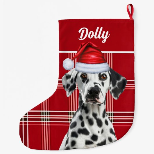 Dalmatian Santa Red Holiday Plaid and Dogs Name Grote Kerstsok (Achterkant)