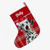 Dalmatian Santa Red Holiday Plaid and Dogs Name Grote Kerstsok (Achterkant (Hangend))