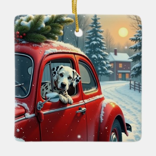 Dalmatian Snowy Car Ride Christmas Painting Keramisch Ornament (Voorkant)