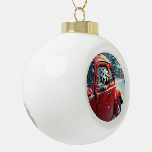 Dalmatian Snowy Car Ride Christmas Painting Keramische Bal Ornament (Links)
