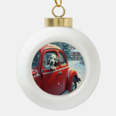 Dalmatian Snowy Car Ride Christmas Painting Keramische Bal Ornament (Voorkant)