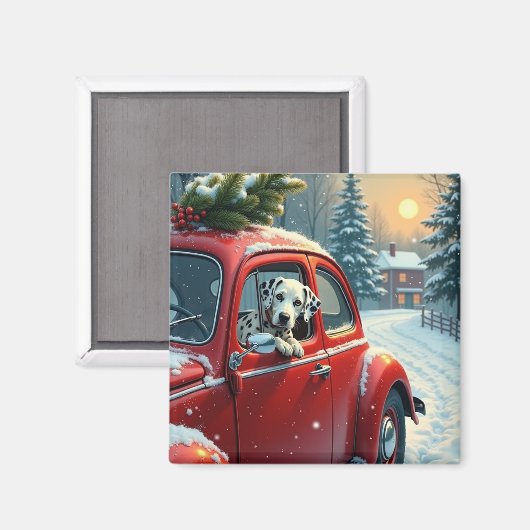 Dalmatian Snowy Car Ride Christmas Painting Magneet (Voorkant / Achterkant)