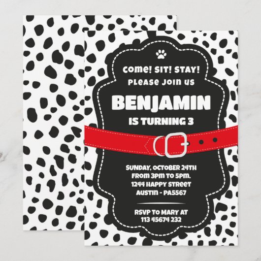 Dalmatian Spots Black Invitation for Birthday Kaart (Voorkant / Achterkant)