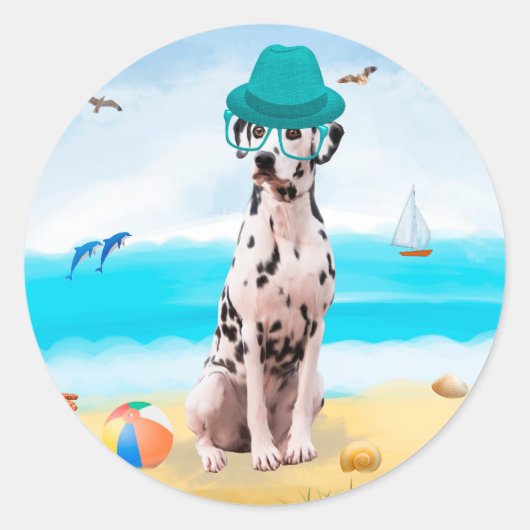 Dalmatiër hond op het strand ronde sticker (Voorkant)