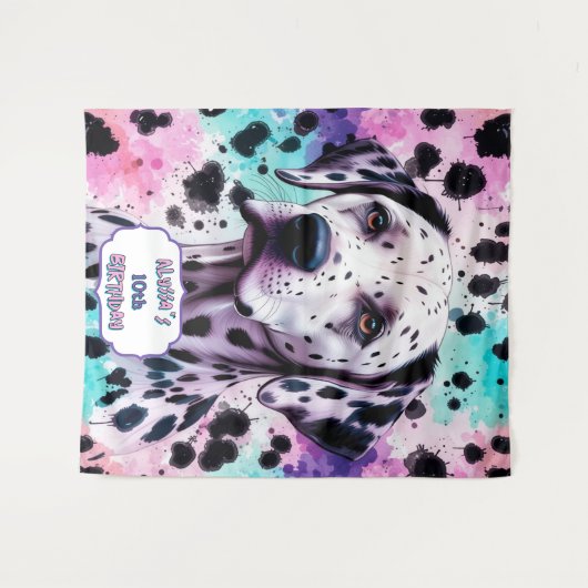 Dalmatiër Hond Roze Paars Turquoise Verjaardag Wandkleed (Voorkant (horizontaal))