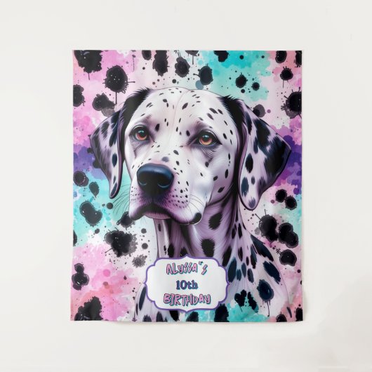 Dalmatiër Hond Roze Paars Turquoise Verjaardag Wandkleed (Voorkant)