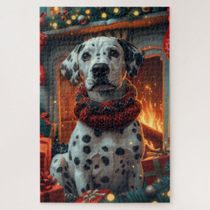 Dalmatiër met kerstcadeaus bij de open haard legpuzzel