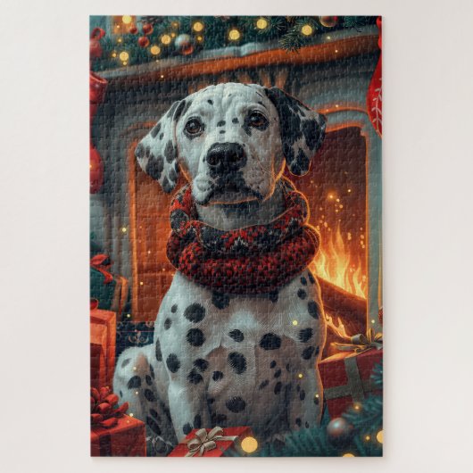 Dalmatiër met kerstcadeaus bij de open haard legpuzzel (Verticaal)