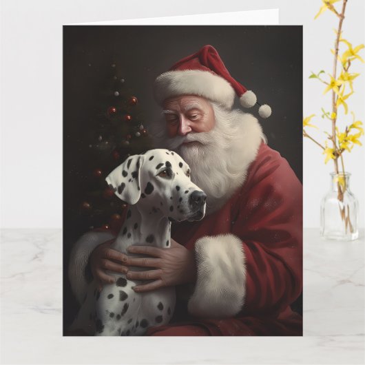 Dalmatiër met Kerstman Feestelijke Kerstmis Kaart (Gele Bloem)