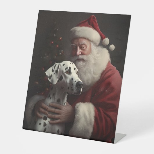 Dalmatiër met Kerstman Feestelijke Kerstmis Reclamebord Met Voetstuk (Voorkant)