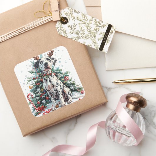 Dalmatiër met rendiergewei door kerstboom vierkante sticker (Geschenken)