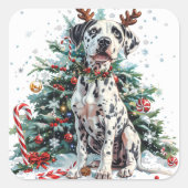 Dalmatiër met rendiergewei door kerstboom vierkante sticker (Voorkant)