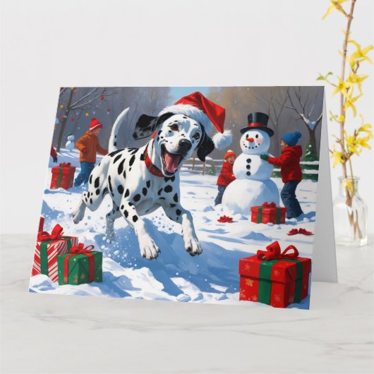 Dalmatiër rent in de sneeuw met kerstmuts kaart (Gele Bloem)