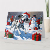 Dalmatiër rent in de sneeuw met kerstmuts kaart (Voorkant)