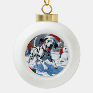 Dalmatiër rent in de sneeuw met kerstmuts keramische bal ornament