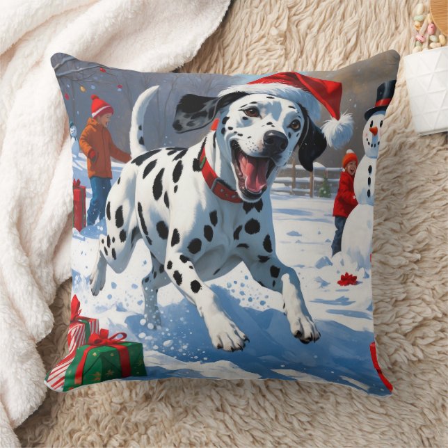 Dalmatiër rent in de sneeuw met kerstmuts kussen (Deken)