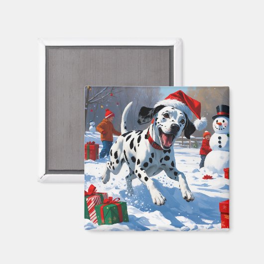 Dalmatiër rent in de sneeuw met kerstmuts magneet (Voorkant / Achterkant)