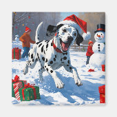 Dalmatiër rent in de sneeuw met kerstmuts magneet (Voorkant)