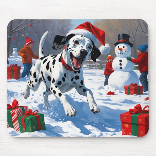 Dalmatiër rent in de sneeuw met kerstmuts muismat (Voorkant)