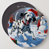 Dalmatiër rent in de sneeuw met kerstmuts ronde button 6,0 cm (Voorkant /achterkant)