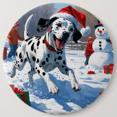 Dalmatiër rent in de sneeuw met kerstmuts ronde button 6,0 cm (Voorkant)