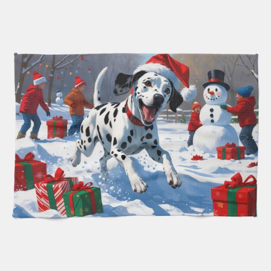 Dalmatiër rent in de sneeuw met kerstmuts theedoek (Horizontaal)
