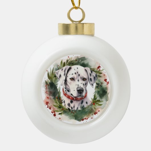 Dalmatisch Kerstkrans Feestelijke Pup Keramische Bal Ornament (Voorkant)