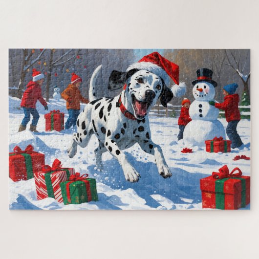 Dalmatische hardlopen in de sneeuw met kerst Pet Legpuzzel (Horizontaal)