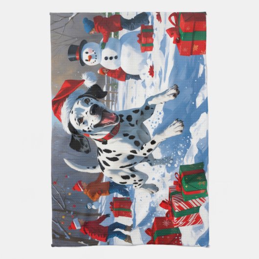 Dalmatische hardlopen in de sneeuw met kerst Pet Theedoek (Verticaal)