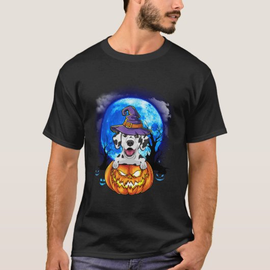 Dalmatische heks maan pompoen enge Halloween hond T-shirt (Voorkant)