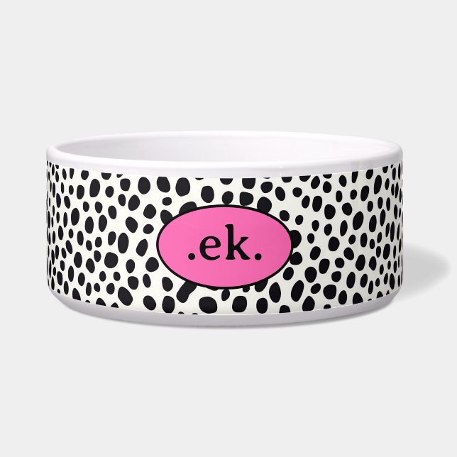 Dalmatische Hond Abstract Patroon Roze Monogram Voerbakje (Voorkant)