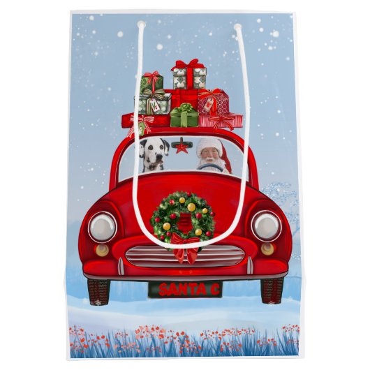 Dalmatische hond in auto met kerstman medium cadeauzakje (Achterkant)