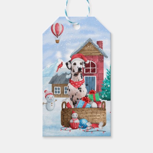 Dalmatische hond in het sneeuwkersthondenhuis cadeaulabel (Voorkant)