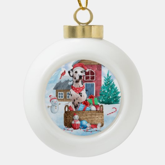 Dalmatische hond in het sneeuwkersthondenhuis keramische bal ornament (Voorkant)