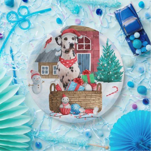 Dalmatische hond in het sneeuwkersthondenhuis papieren bordje (Feest)