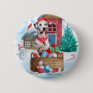 Dalmatische hond in het sneeuwkersthondenhuis ronde button 5,7 cm