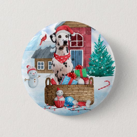 Dalmatische hond in het sneeuwkersthondenhuis ronde button 5,7 cm (Voorkant)