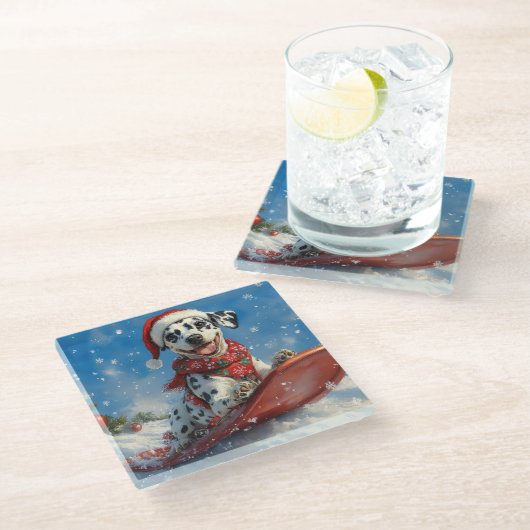 Dalmatische hond in slee laat het sneeuwen Kerstmi Glazen Onderzetter (Schuin)