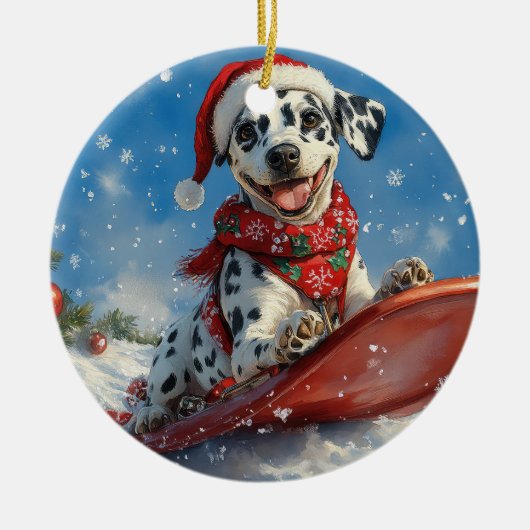 Dalmatische hond in slee laat het sneeuwen Kerstmi Keramisch Ornament (Voorkant)