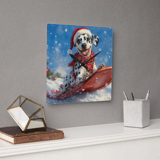 Dalmatische hond in slee laat het sneeuwen Kerstmi Vierkante Klok (Kantoor)