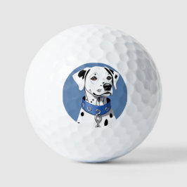 Dalmatische hond met een blauwe halsband golfballen