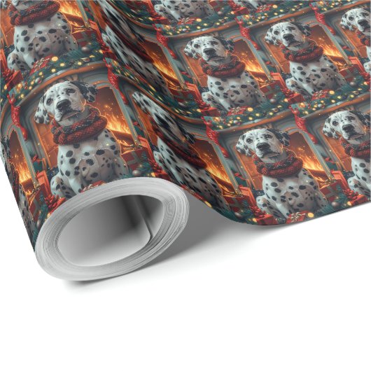 Dalmatische hond met kerstcadeaus bij de open haar cadeaupapier (Rol Hoek)