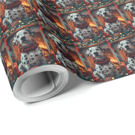 Dalmatische hond met kerstcadeaus open haard cadeaupapier (Rol Hoek)